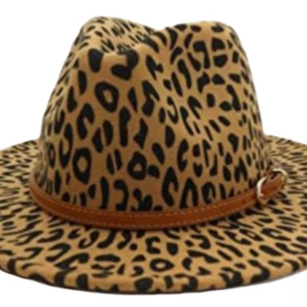 Brown Leopard Print Wide Brim Fedora Hat with Brown Belt Buckle! - Picture 2 of 3
